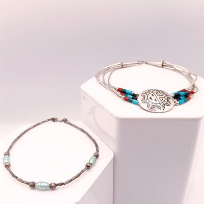 LOT 2: Vintage Southwestern Liquid 925 Sterling Silver, Turquoise, Coral, Onyx Bracelet with Sterling and Fresh Water Pearl Bracelet