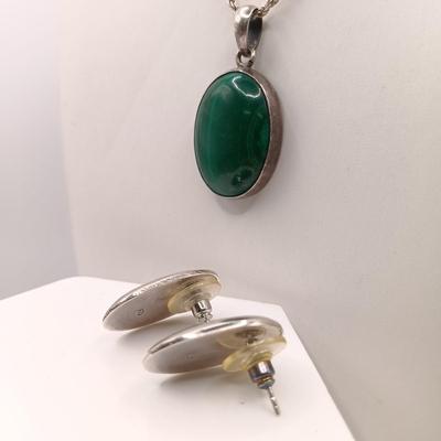 LOT 3: Malachite and 925 Sterling Silver Necklace with Matching Earrings 25.4gtw