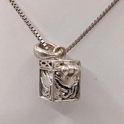 LOT 5: Sterling Silver Box Chain Necklace with Silver-Tone Prayer Box Pendant