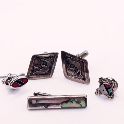LOT 7: Sterling Silver Necklace from Guadalupe, Mexico with Abalone and Sterling Tie Clip, Sterling Kokopelli Cufflinks & Silver-Tone...