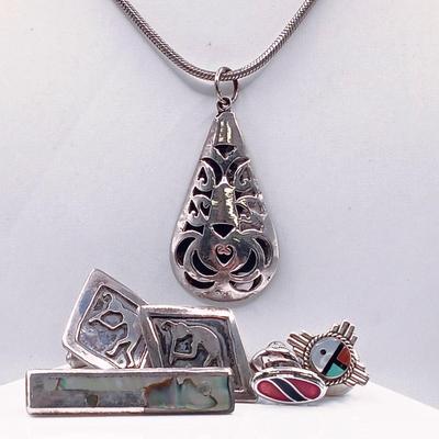 LOT 7: Sterling Silver Necklace from Guadalupe, Mexico with Abalone and Sterling Tie Clip, Sterling Kokopelli Cufflinks & Silver-Tone...