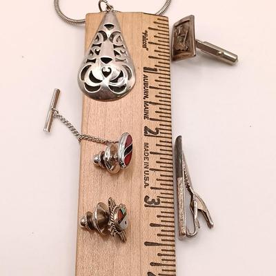 LOT 7: Sterling Silver Necklace from Guadalupe, Mexico with Abalone and Sterling Tie Clip, Sterling Kokopelli Cufflinks & Silver-Tone...