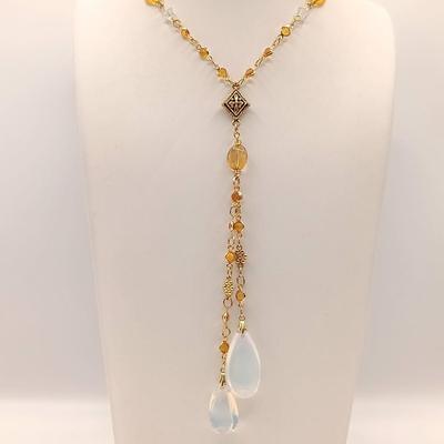 LOT 11: Vintage Gold-Tone Wire and Lucite Jewelry Set with Opalescent Plastic Teardrop Lariat