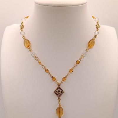LOT 11: Vintage Gold-Tone Wire and Lucite Jewelry Set with Opalescent Plastic Teardrop Lariat