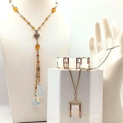 LOT 11: Vintage Gold-Tone Wire and Lucite Jewelry Set with Opalescent Plastic Teardrop Lariat