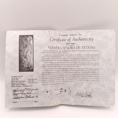 LOT 131: Treasure Salvors Inc. Silver Ingot Recovered from the Nuestra Senora de Atocha in Earrings with COA