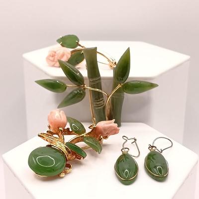 LOT 141: Set of (3) Jade-Tone Stone and Coral Brooches with Jade-Tone Earrings