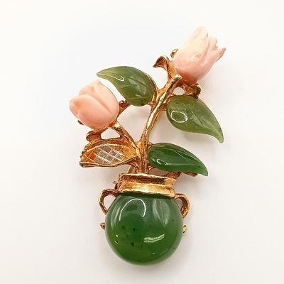 LOT 141: Set of (3) Jade-Tone Stone and Coral Brooches with Jade-Tone Earrings