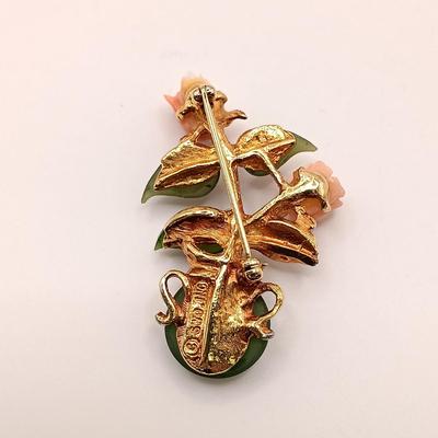 LOT 141: Set of (3) Jade-Tone Stone and Coral Brooches with Jade-Tone Earrings