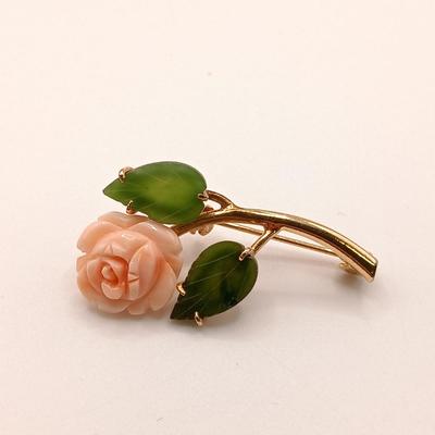 LOT 141: Set of (3) Jade-Tone Stone and Coral Brooches with Jade-Tone Earrings