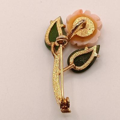 LOT 141: Set of (3) Jade-Tone Stone and Coral Brooches with Jade-Tone Earrings