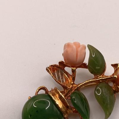 LOT 141: Set of (3) Jade-Tone Stone and Coral Brooches with Jade-Tone Earrings