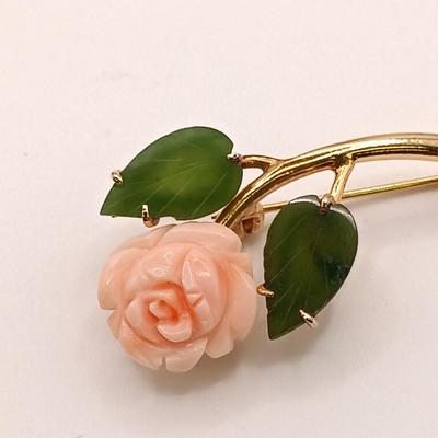 LOT 141: Set of (3) Jade-Tone Stone and Coral Brooches with Jade-Tone Earrings