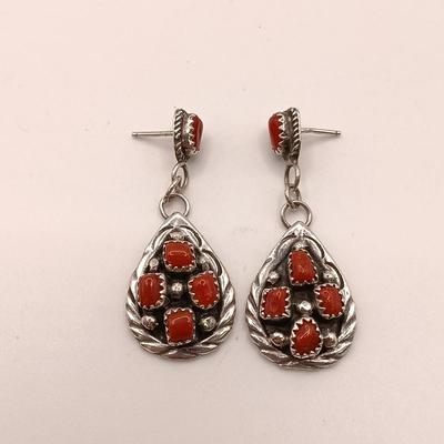 LOT 145: Sterling 925 Silver & Coral Native American Earrings 11.9gtw