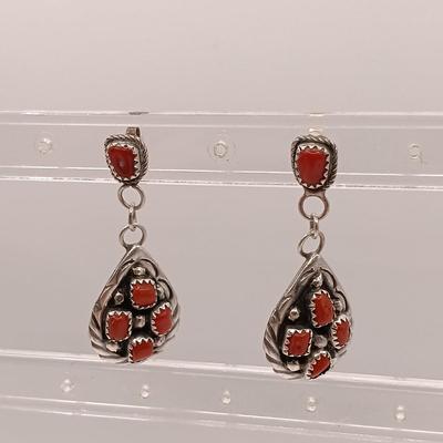 LOT 145: Sterling 925 Silver & Coral Native American Earrings 11.9gtw