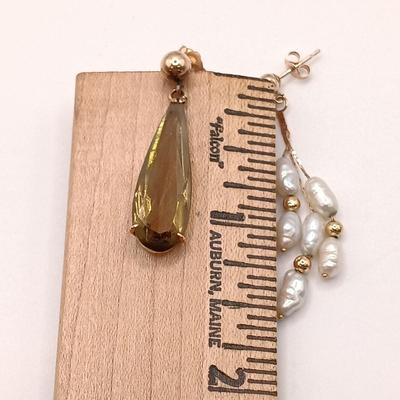 LOT 166: Vintage 14K Gold and Freshwater Pearl Earrings with Hematite and Citrine-Tone Earrings