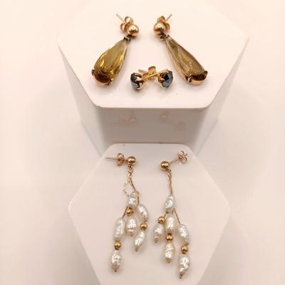 LOT 166: Vintage 14K Gold and Freshwater Pearl Earrings with Hematite and Citrine-Tone Earrings