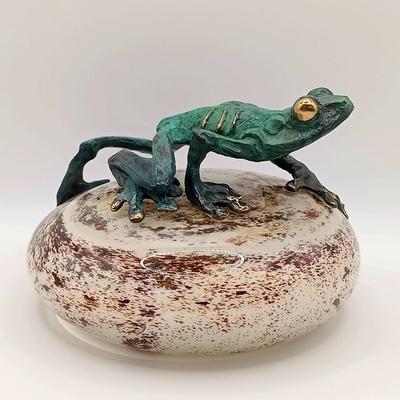 LOT 167: Dan Chen Signed Bronze Sculpture Frog on Art Glass