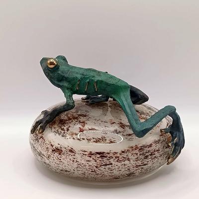 LOT 167: Dan Chen Signed Bronze Sculpture Frog on Art Glass