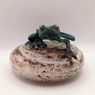LOT 167: Dan Chen Signed Bronze Sculpture Frog on Art Glass