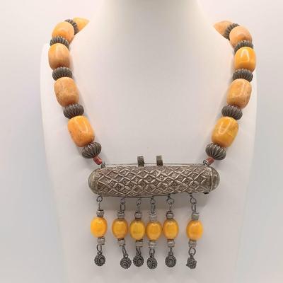LOT 173: Vintage Quran Travel Box with Yemeni Silver-Tone and Bakelite Necklace
