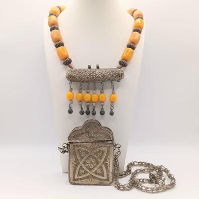 LOT 173: Vintage Quran Travel Box with Yemeni Silver-Tone and Bakelite Necklace