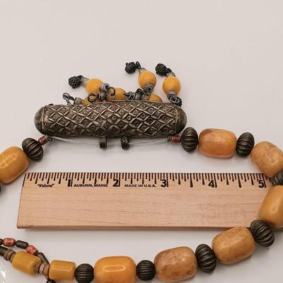 LOT 173: Vintage Quran Travel Box with Yemeni Silver-Tone and Bakelite Necklace