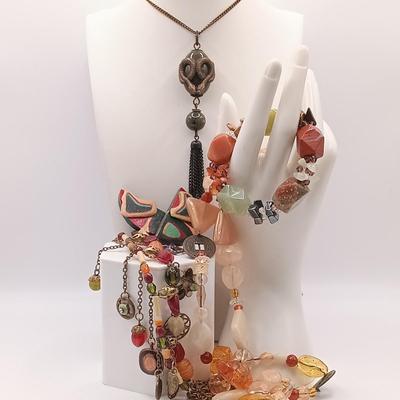 LOT 176: Vintage Jan Michaels Snake Tassle Necklace, Heavy Stone Bracelet, Painted Wood Earrings & More
