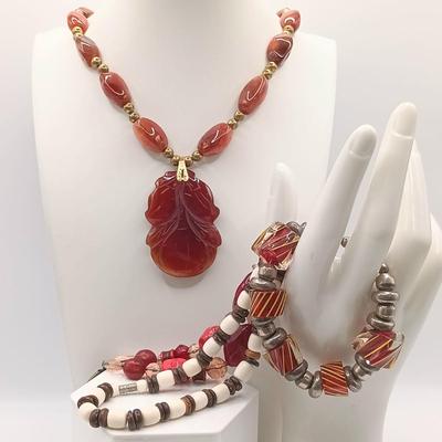 LOT 177: Silver-Tone and Art Glass Bead Bracelet, Glass Leaf Pendant Necklace & More