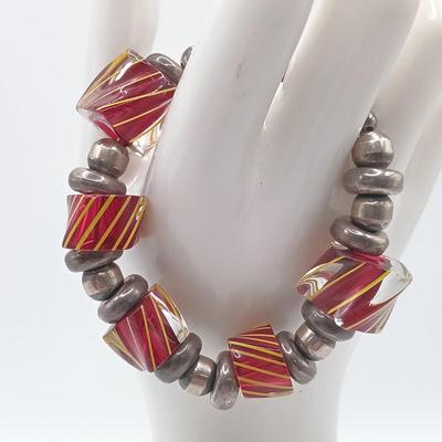 LOT 177: Silver-Tone and Art Glass Bead Bracelet, Glass Leaf Pendant Necklace & More