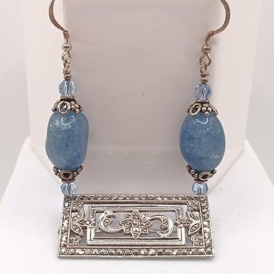 LOT 179: Vintage Sterling and Marcasite Brooch with Blue Bead Earrings