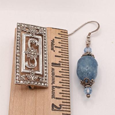LOT 179: Vintage Sterling and Marcasite Brooch with Blue Bead Earrings