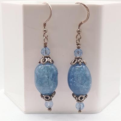 LOT 179: Vintage Sterling and Marcasite Brooch with Blue Bead Earrings
