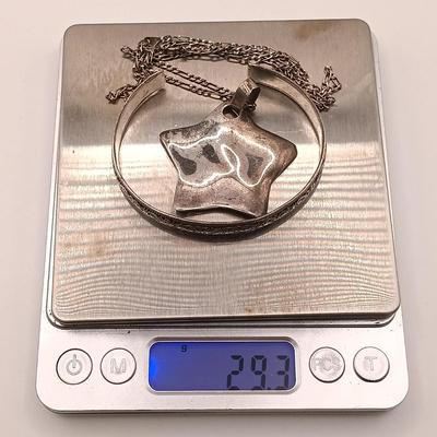 LOT 180: Vintage Sterling 925 Silver Cuff Bracelet and Star Pendant Necklace 29.3g