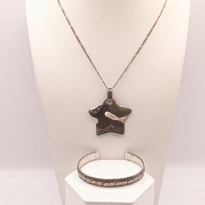 LOT 180: Vintage Sterling 925 Silver Cuff Bracelet and Star Pendant Necklace 29.3g