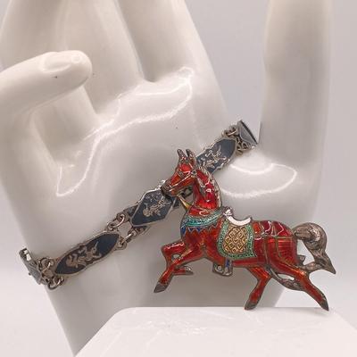 LOT 181: Siam Sterling Silver and Enamel Bracelet and Brooch