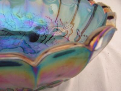 GORGEOUS VTG Iridescent Carnival Glass Oval Footed bowl .VG to EX.