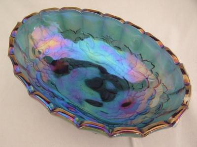 GORGEOUS VTG Iridescent Carnival Glass Oval Footed bowl .VG to EX.