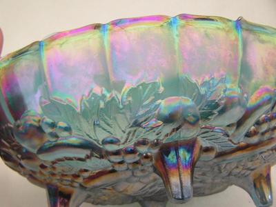 GORGEOUS VTG Iridescent Carnival Glass Oval Footed bowl .VG to EX.