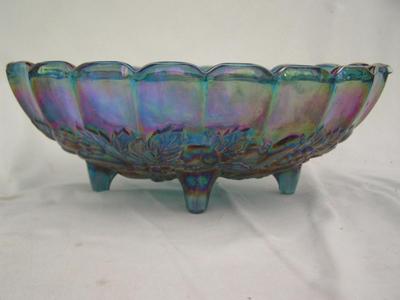 GORGEOUS VTG Iridescent Carnival Glass Oval Footed bowl .VG to EX.