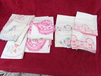 A collection of hand crafted items. Crocheted and embroidered items.