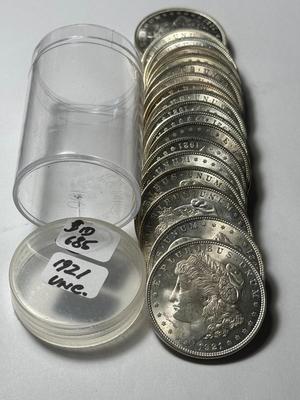 ROLL OF (20) 1921-P UNCIRCULATED MORGAN SILVER DOLLARS AT GREYSHEET CDN BID PRICE.