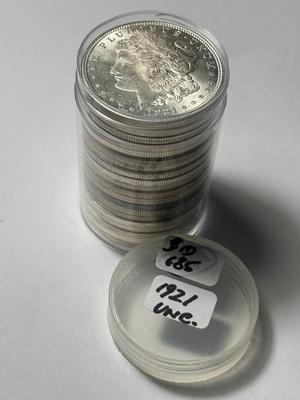 ROLL OF (20) 1921-P UNCIRCULATED MORGAN SILVER DOLLARS AT GREYSHEET CDN BID PRICE.