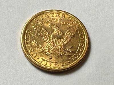 1886-S UNCIRCULATED CONDITION $5 LIBERTY W/MOTTO GOLD COIN AS PICTURED.
