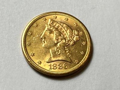 1886-S UNCIRCULATED CONDITION $5 LIBERTY W/MOTTO GOLD COIN AS PICTURED.