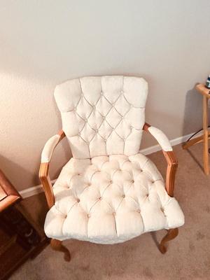 NIGHT STAND, TOUCH LAMP AND UPHOLSTERED ARM CHAIR