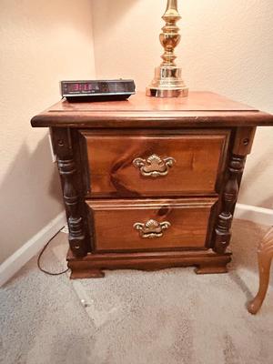NIGHT STAND, TOUCH LAMP AND UPHOLSTERED ARM CHAIR