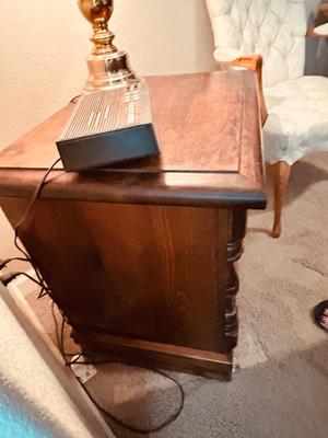 NIGHT STAND, TOUCH LAMP AND UPHOLSTERED ARM CHAIR