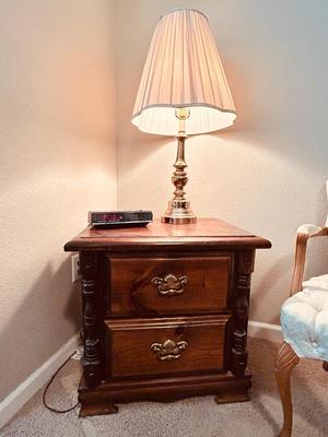 NIGHT STAND, TOUCH LAMP AND UPHOLSTERED ARM CHAIR