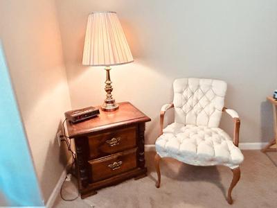 NIGHT STAND, TOUCH LAMP AND UPHOLSTERED ARM CHAIR